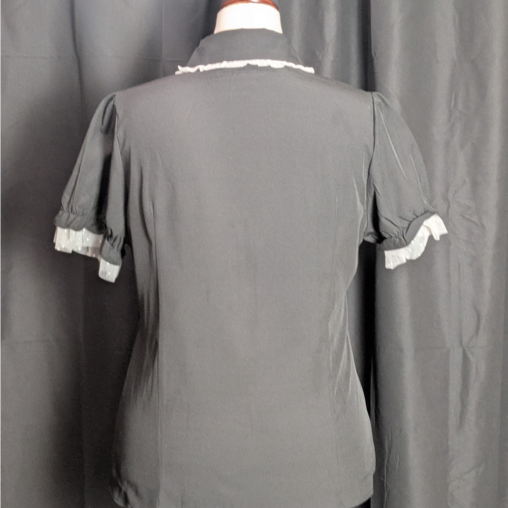 Vintage Black Ruffle White Trim Button Up Blouse - Picture 2 of 7